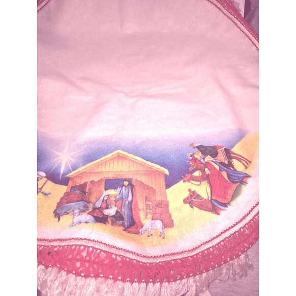 Vintage Mcm Round Nativity Scene Blanket Tree Skirt Fringe Red Border - Picture 2 of 9